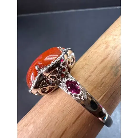 NEW cherry red jade and ruby blossom ring in rhodium over sterling silver size 9